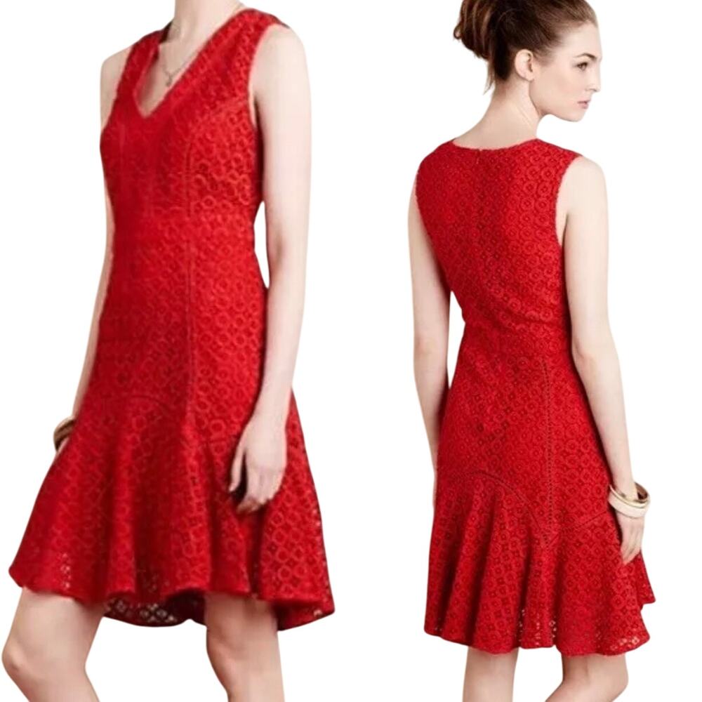 Anthropologie San & Soni Red Crochet Lace Fit & Flare Sleeveless Dress Size 0
